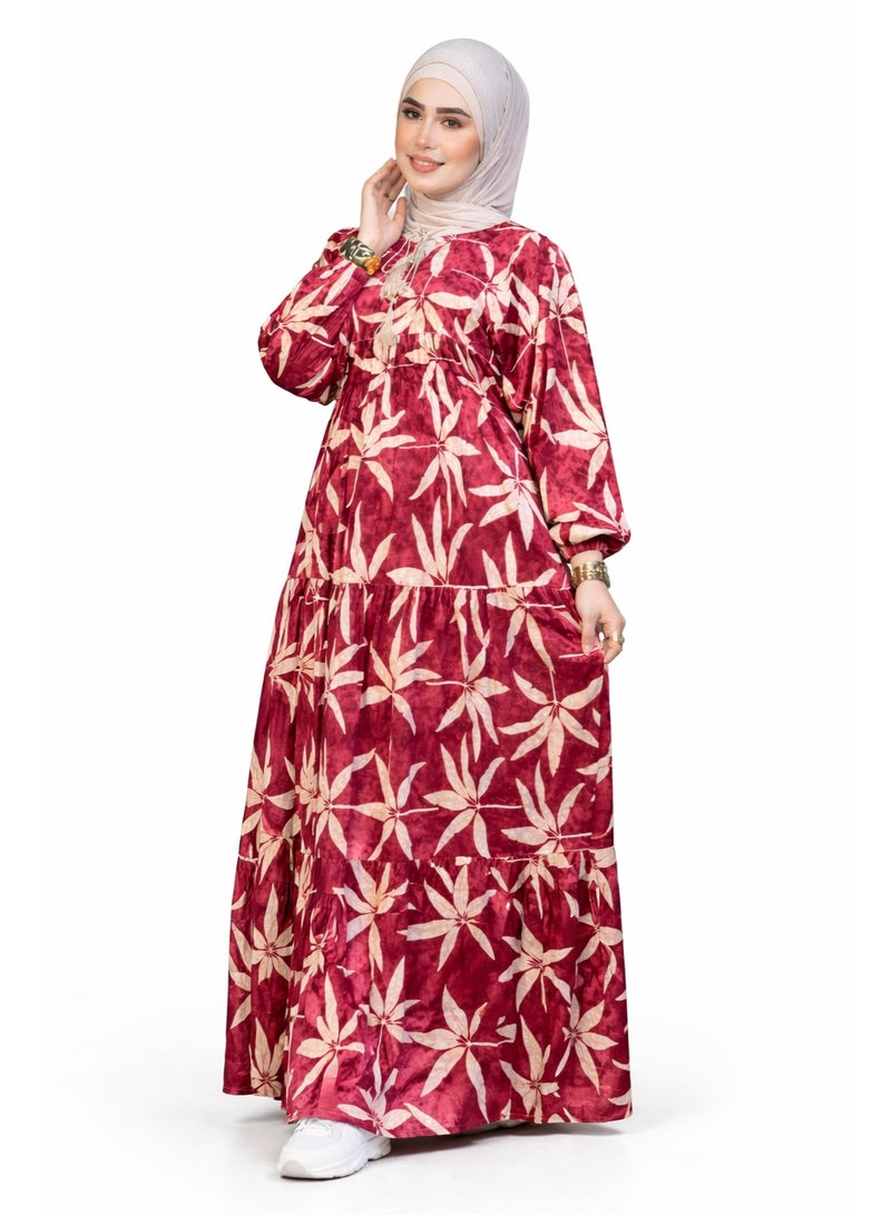 Modest Long Dress with Leaf Print – Comfortable Loose Fit for Everyday Wear and Occasions - Burgundy - Image 4